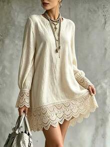 Woven Regular Fit Crew Neck Long Sleeve Dress - Khaki - View 3