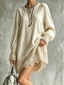 Woven Regular Fit Crew Neck Long Sleeve Dress - Khaki - View 5