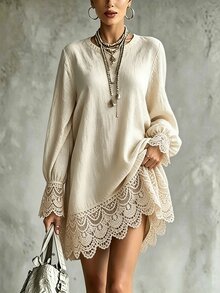 Woven Regular Fit Crew Neck Long Sleeve Dress - Khaki - View 1