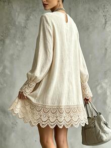 Woven Regular Fit Crew Neck Long Sleeve Dress - Khaki - View 2