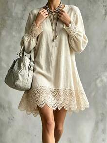 Woven Regular Fit Crew Neck Long Sleeve Dress - Khaki - View 4