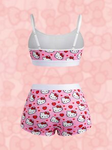 HELLO KITTY AND FRIENDS | SHEIN طقم ملابس داخلية مريح مطبوع للنساء، إصدار تعاوني - وردي - مشاهدة 2