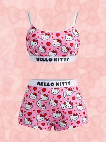 HELLO KITTY AND FRIENDS | SHEIN طقم ملابس داخلية مريح مطبوع للنساء، إصدار تعاوني - وردي - مشاهدة 1