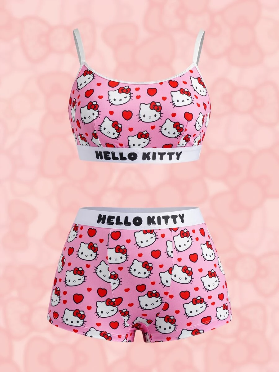 HELLO KITTY AND FRIENDS | SHEIN طقم ملابس داخلية مريح مطبوع للنساء، إصدار تعاوني - وردي - مشاهدة 1