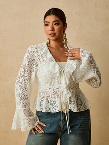 Levarali 大尺碼女款蕾絲拼接綁帶荷葉邊性感優雅正式度假婚禮茶會早午餐生日約會之夜晚裝上衣 白色 秋季 - 白色 - 查看 4