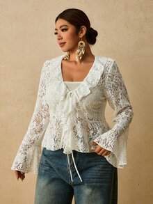 Levarali 大尺碼女款蕾絲拼接綁帶荷葉邊性感優雅正式度假婚禮茶會早午餐生日約會之夜晚裝上衣 白色 秋季 - 白色 - 查看 3
