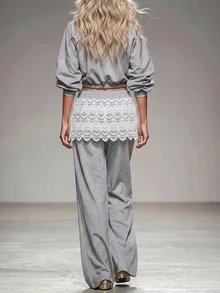 Breezaya Casual Elegant Gray Knit Wide-Leg Pants Styled With A Lovely Lace Skirt Overlay, Creating A Charming Two-In-One Aesthetic Everyday Work Formal Summer - Multicolor - View 2