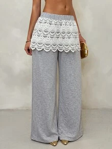 Breezaya Casual Elegant Gray Knit Wide-Leg Pants Styled With A Lovely Lace Skirt Overlay, Creating A Charming Two-In-One Aesthetic Everyday Work Formal Summer - Multicolor - View 3