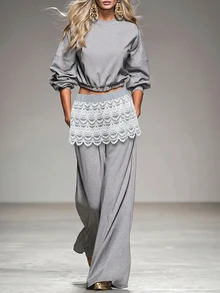 Breezaya Casual Elegant Gray Knit Wide-Leg Pants Styled With A Lovely Lace Skirt Overlay, Creating A Charming Two-In-One Aesthetic Everyday Work Formal Summer - Multicolor - View 1