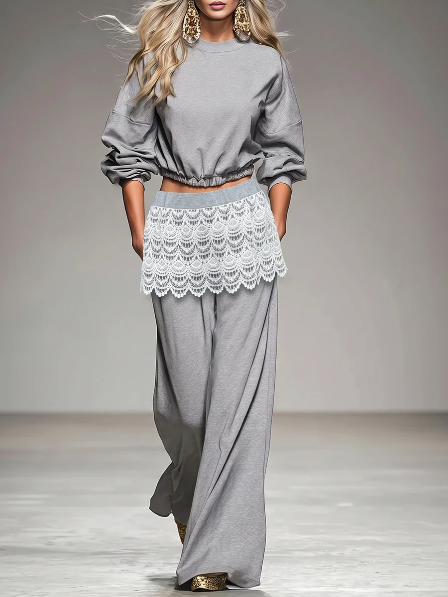 Breezaya Casual Elegant Gray Knit Wide-Leg Pants Styled With A Lovely Lace Skirt Overlay, Creating A Charming Two-In-One Aesthetic Everyday Work Formal Summer - Multicolor - View 1