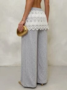 Breezaya Casual Elegant Gray Knit Wide-Leg Pants Styled With A Lovely Lace Skirt Overlay, Creating A Charming Two-In-One Aesthetic Everyday Work Formal Summer - Multicolor - View 4