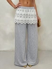 Breezaya Casual Elegant Gray Knit Wide-Leg Pants Styled With A Lovely Lace Skirt Overlay, Creating A Charming Two-In-One Aesthetic Everyday Work Formal Summer - Multicolor - View 5