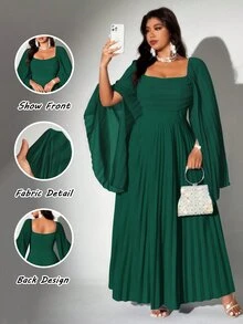 Viva Relle Plus Size Women's Elegant Romantic Pleated Chiffon Long Sleeve Dress Fall Cloth For Women - Dark Green - View 1