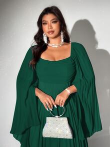 Viva Relle Plus Size Women's Elegant Romantic Pleated Chiffon Long Sleeve Dress Fall Cloth For Women - Dark Green - View 4