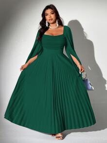Viva Relle Plus Size Women's Elegant Romantic Pleated Chiffon Long Sleeve Dress Fall Cloth For Women - Dark Green - View 2