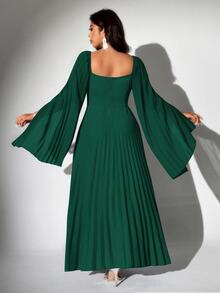 Viva Relle Plus Size Women's Elegant Romantic Pleated Chiffon Long Sleeve Dress Fall Cloth For Women - Dark Green - View 8