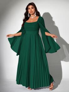 Viva Relle Plus Size Women's Elegant Romantic Pleated Chiffon Long Sleeve Dress Fall Cloth For Women - Dark Green - View 6