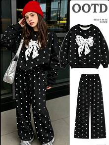 Teen Girls Sweet Heart & Bow Print Sporty Sweatshirt 2 Pieces Set, Crew Neck Long Sleeve Top + Elastic Straight Leg Pants, Casual Outfit - Multicolor - View 1