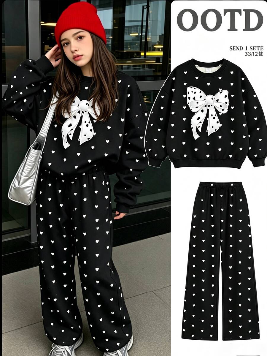 Teen Girls Sweet Heart & Bow Print Sporty Sweatshirt 2 Pieces Set, Crew Neck Long Sleeve Top + Elastic Straight Leg Pants, Casual Outfit - Multicolor - View 1