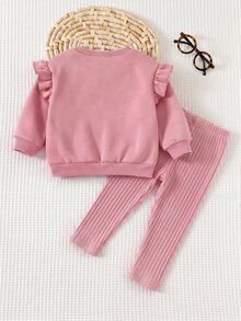Cozy Pixies 女嬰幼兒女童卡通動物豹紋貓咪圖案針織柔軟圓領長袖荷葉袖套頭衛衣彈性腰修身長褲2件套可愛套裝 - 粉色 - 查看 2