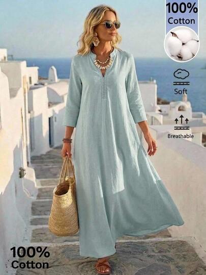 SHEIN LUNE Gaun Panjang Elegan Wanita Warna Polos dengan Kerah Berlekuk, Pakaian Liburan Musim Panas Wanita, Gaun Kasual untuk Liburan, 100% Katun, Lengan, Kerah, Linen