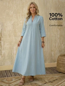 SHEIN LUNE 女士纯色V领优雅长裙 - 藍色 - 查看 4