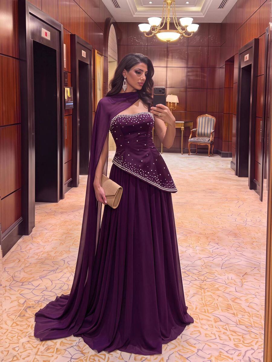 Aureia Elegant Romantic Purple Chiffon Strapless A-Line Dress With Beaded Decoration Detachable Scarf For Wedding Prom Graduation Formal Fall