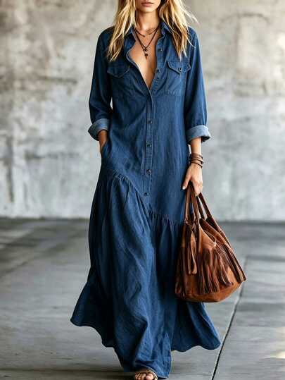 LUMIGAL Women's Versatile Vacation Button Long Sleeve Pocket Pleated Dress