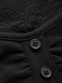 Joudiya Women T-Shirts Kontras Lace 2 dalam 1 Plain Casual - Hitam - View 5