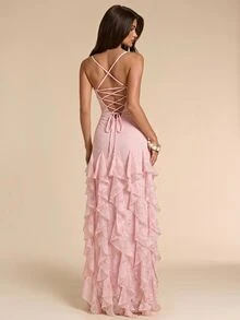 SHEIN BAE 荷叶边拼接露背系带性感女式连衣裙 - 粉色 - 查看 2