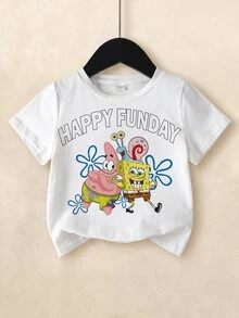 SpongeBob SquarePants | SHEIN Young Girl Casual Cartoon Print T-Shirt, Summer - White - View 1