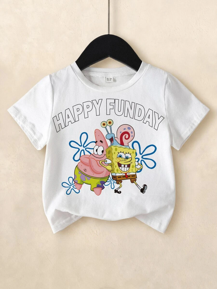 SpongeBob SquarePants | SHEIN Young Girl Casual Cartoon Print T-Shirt, Summer - White - View 1