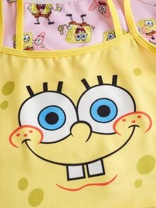 SpongeBob SquarePants | SHEIN 女童两件套可爱卡通图案吊带背心和短裤套装 - 黃色 - 查看 4