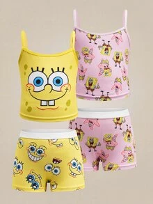 SpongeBob SquarePants | SHEIN 女童两件套可爱卡通图案吊带背心和短裤套装 - 黃色 - 查看 1