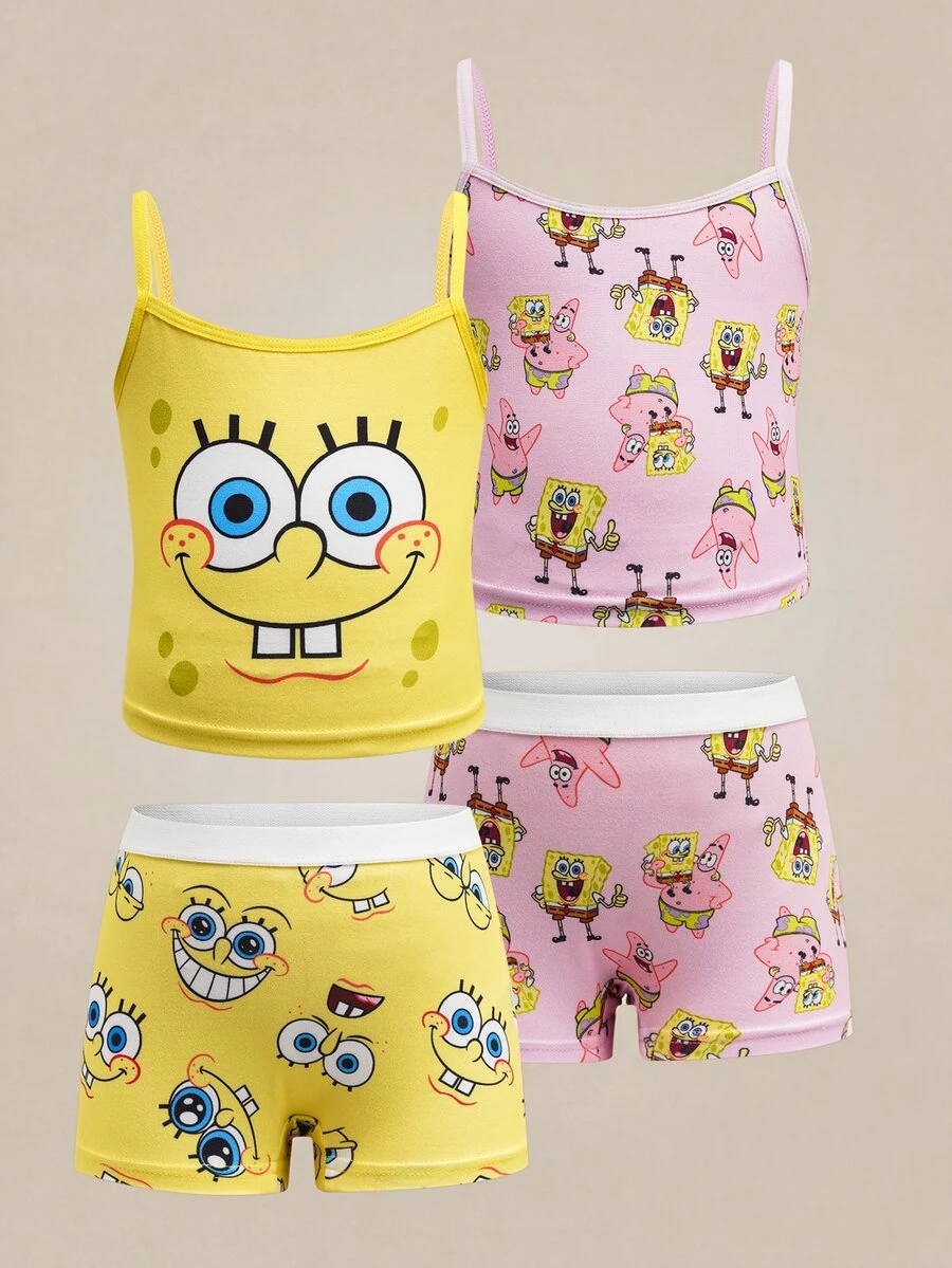 SpongeBob SquarePants | SHEIN 女童两件套可爱卡通图案吊带背心和短裤套装 - 黃色 - 查看 1