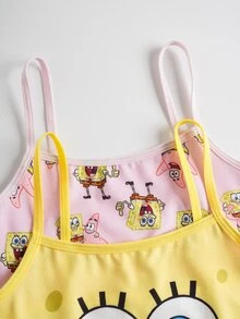 SpongeBob SquarePants | SHEIN 女童两件套可爱卡通图案吊带背心和短裤套装 - 黃色 - 查看 3