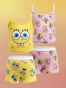 SpongeBob SquarePants | SHEIN 女童两件套可爱卡通图案吊带背心和短裤套装 - 黃色 - 查看 10