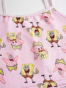 SpongeBob SquarePants | SHEIN 女童两件套可爱卡通图案吊带背心和短裤套装 - 黃色 - 查看 5