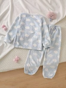 女童圓領粉色雲朵圖案刺繡仙女公主法蘭絨睡衣家居服 秋季 7歲生日 母女套裝 - 藍色 - 查看 2