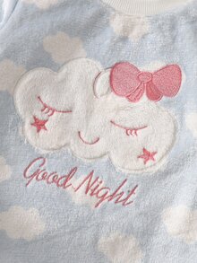 女童圓領粉色雲朵圖案刺繡仙女公主法蘭絨睡衣家居服 秋季 7歲生日 母女套裝 - 藍色 - 查看 5