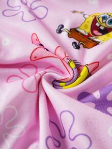 SpongeBob SquarePants | SHEIN 女婴印花圆领短袖上衣和短裤贴身睡衣套装 - 粉色 - 查看 7