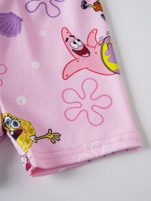 SpongeBob SquarePants | SHEIN 女婴印花圆领短袖上衣和短裤贴身睡衣套装 - 粉色 - 查看 6