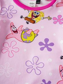 SpongeBob SquarePants | SHEIN 女婴印花圆领短袖上衣和短裤贴身睡衣套装 - 粉色 - 查看 4