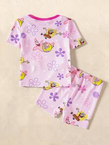 SpongeBob SquarePants | SHEIN 女婴印花圆领短袖上衣和短裤贴身睡衣套装 - 粉色 - 查看 2
