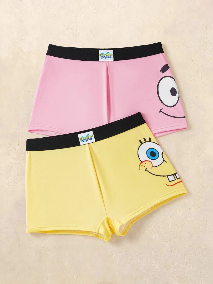 SpongeBob SquarePants | SHEIN Plus Size Women Elastic Waist Shorts, - Multicolor - View 1