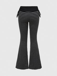 ROMWE Grunge Punk Spring Casual Black Punk Style Striped Contrast Color Drawstring Flare Leg Pants For Women - Multicolor - View 2