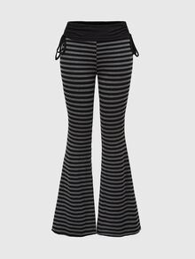 ROMWE Grunge Punk Spring Casual Black Punk Style Striped Contrast Color Drawstring Flare Leg Pants For Women - Multicolor - View 1