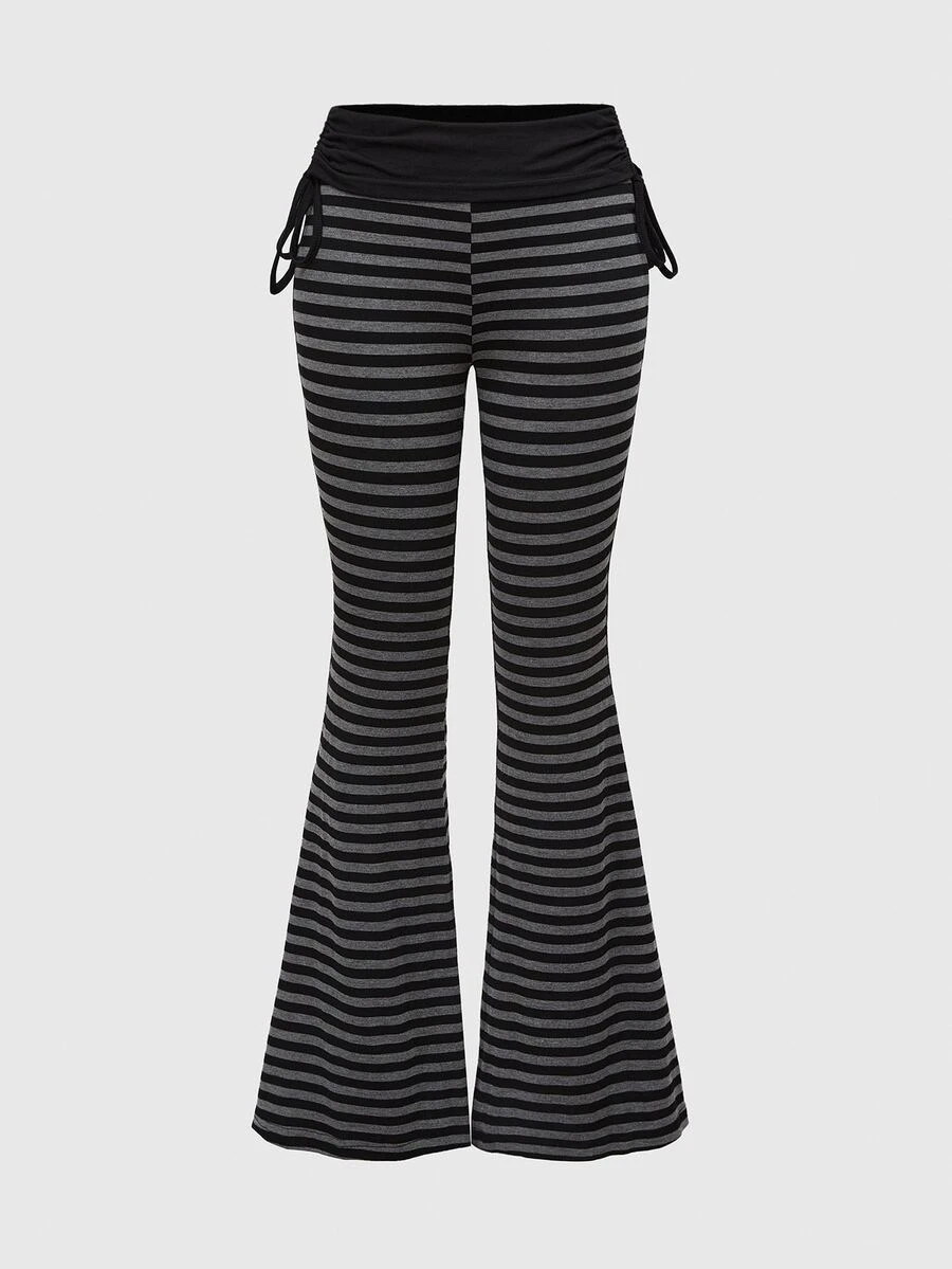 ROMWE Grunge Punk Spring Casual Black Punk Style Striped Contrast Color Drawstring Flare Leg Pants For Women - Multicolor - View 1