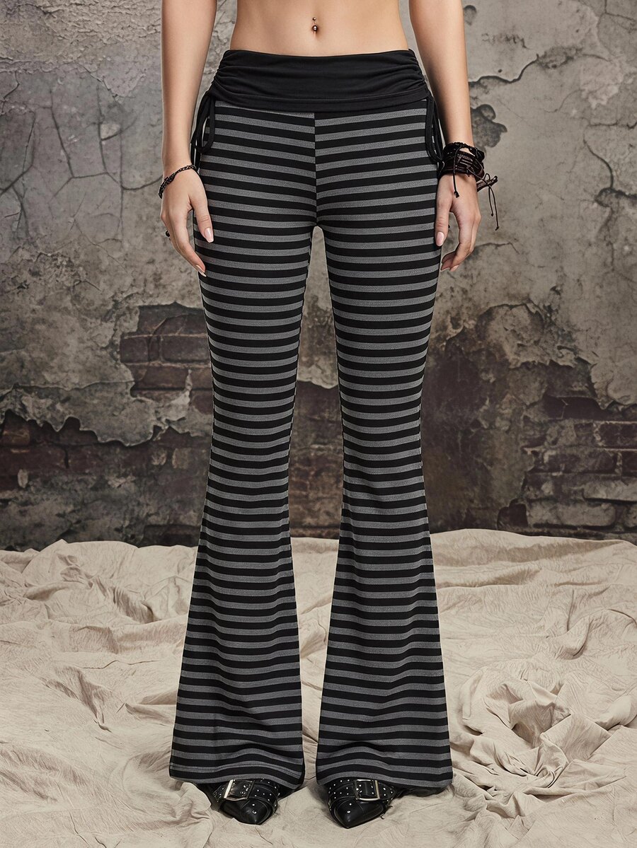 ROMWE Grunge Punk Pantalones de pierna acampanada con cordón y contraste de color a rayas, estilo punk para mujeres - Multicolor - Ver 1