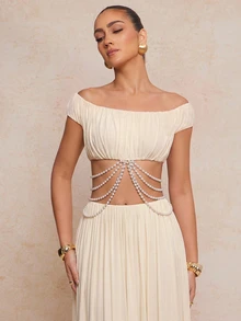 Lumalex Women's White Summer Elegant Evening Holiday Off-The-Shoulder Soft Mesh Ruched Pearl Chain Asymmetrical Maxi Dress 2-Piece Set,Luxury Party Outfit - Apricot - View 10